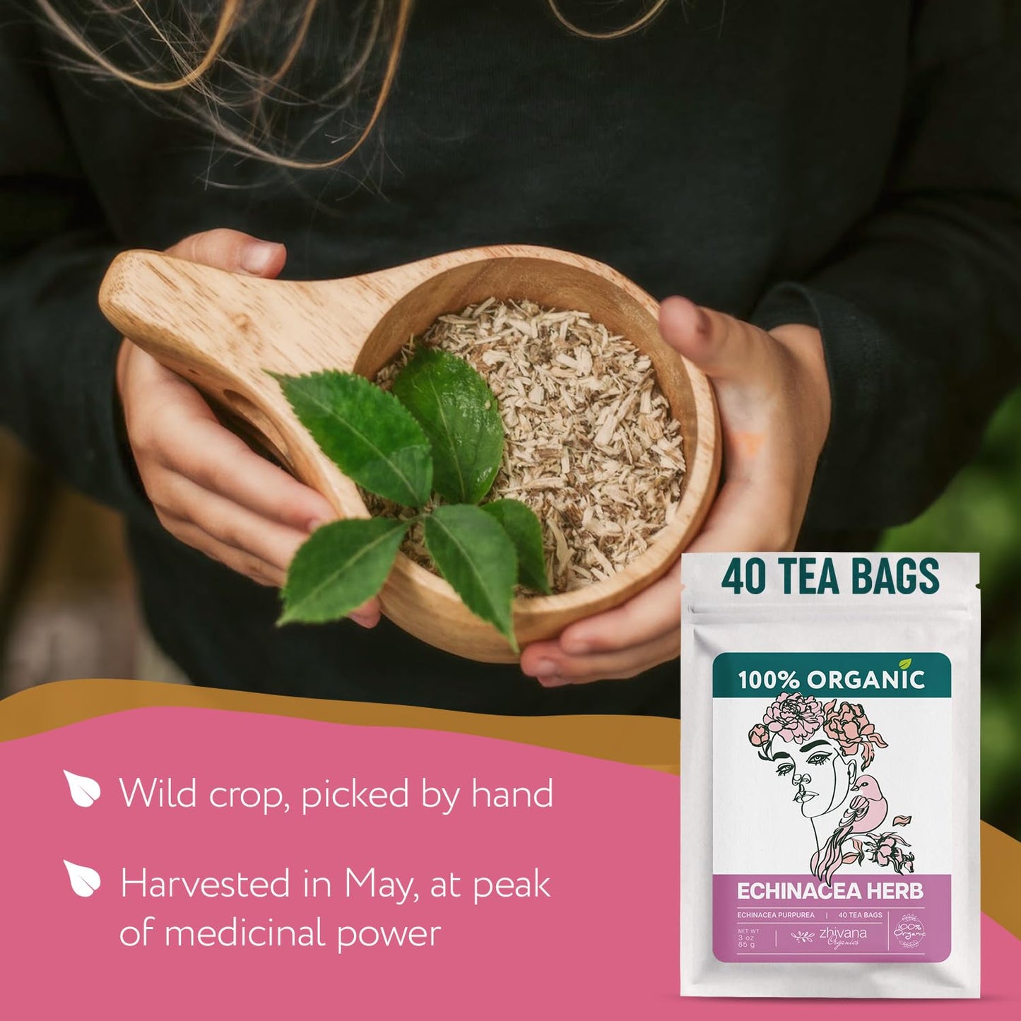 Echinacea Tea Organic (40 Tea Bags) - Medicinal Tea for Seasonal Changes -Natural Immunity Support - Te de Equinacea Organico