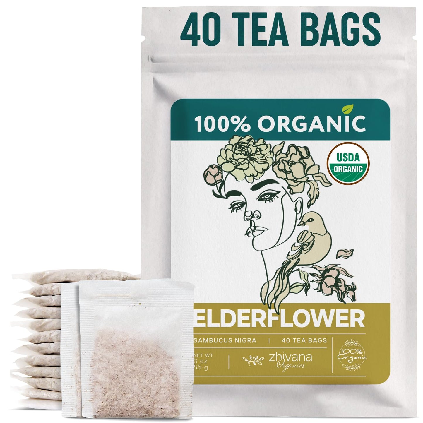Organic Elderflower Tea (40 Tea Bags) - Elder Flowers Tea for Respiratory Health, Immunity - Herbal TeaBags for Cold Weather Days - Seasonal Blend - Te de Flor de Sauco - Zhivana Organics