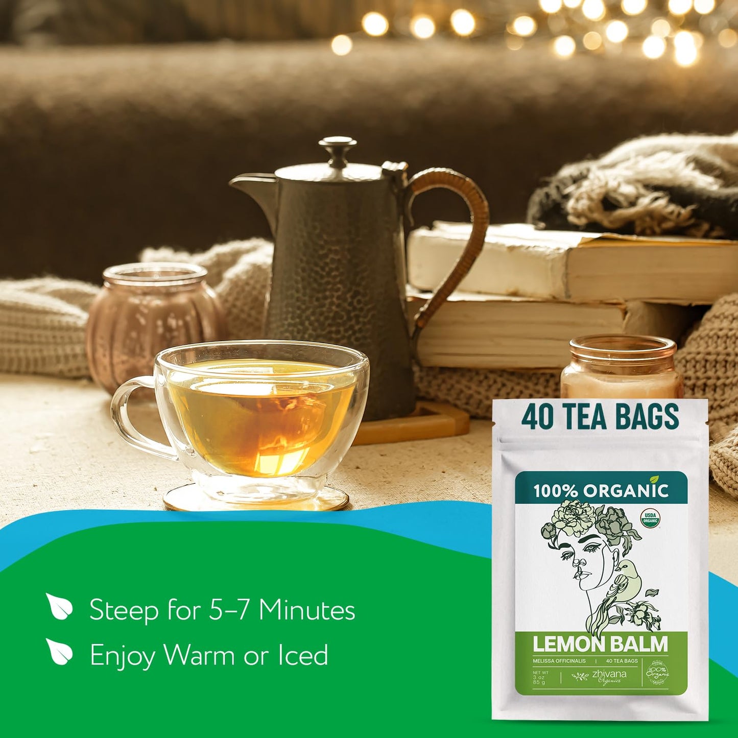 Lemon Balm Tea Organic (40 Tea Bags) - Melissa Tea, Te de Tolonjil – Calming Herbal TeaBags for Sleep, Emotional Balance