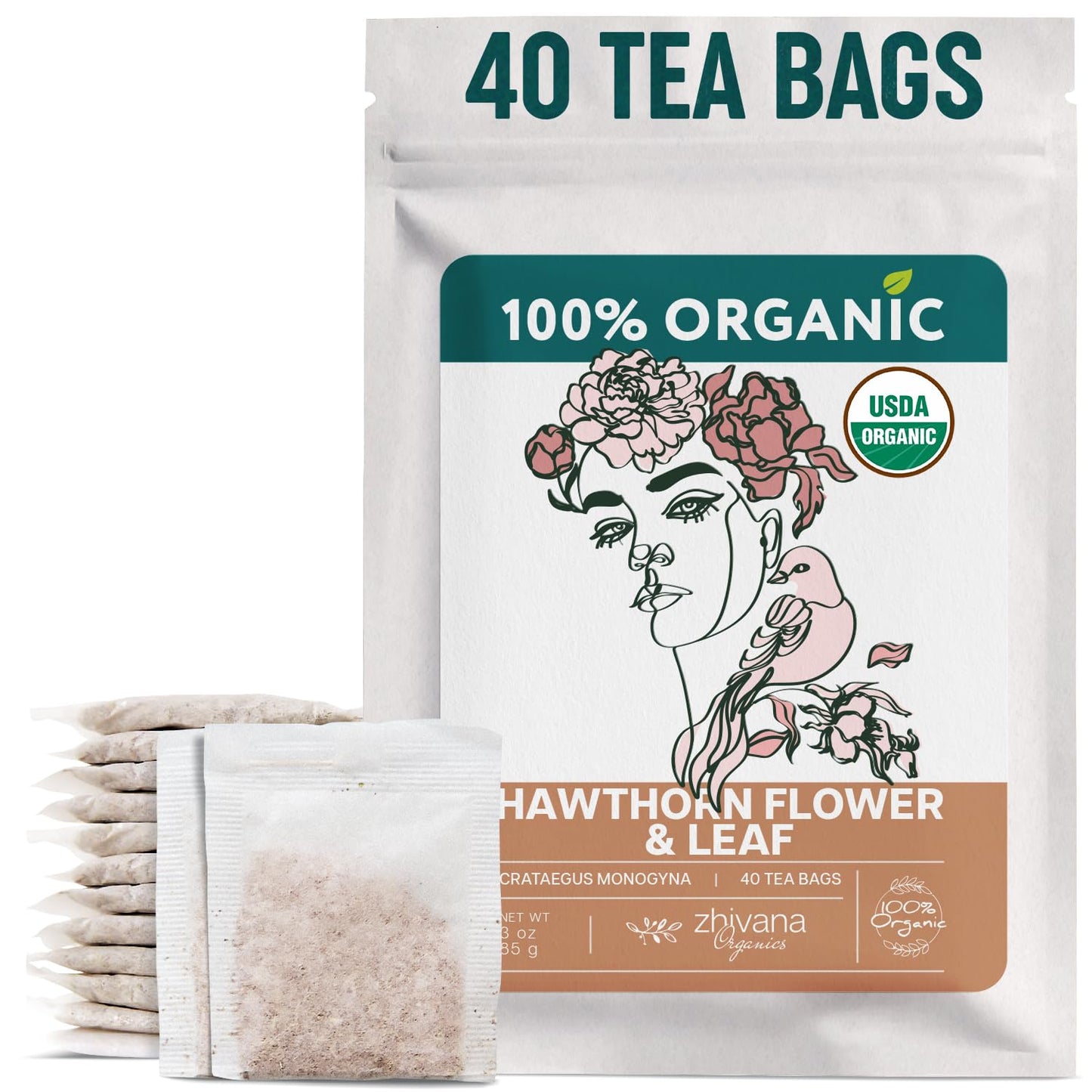 Hawthorn Tea Organic (40 Tea Bags) - Hawthorn Leaf Tea - Hawthorne TeaBags for Pressure Balance, Heart Health - Hojas de Espino Blanco