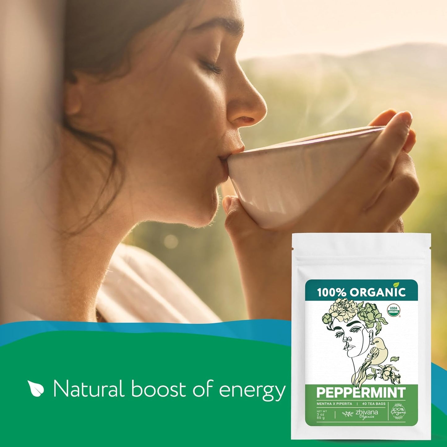 Organic Peppermint Tea Bags (40 TeaBags) - Peppermint Tea Organic - Te de Menta Organico Natural - Herbal Tea for Energy, Digestion, Nausea, Motion Sickness, Respiratory Support, Stress Relief - Zhivana Organics