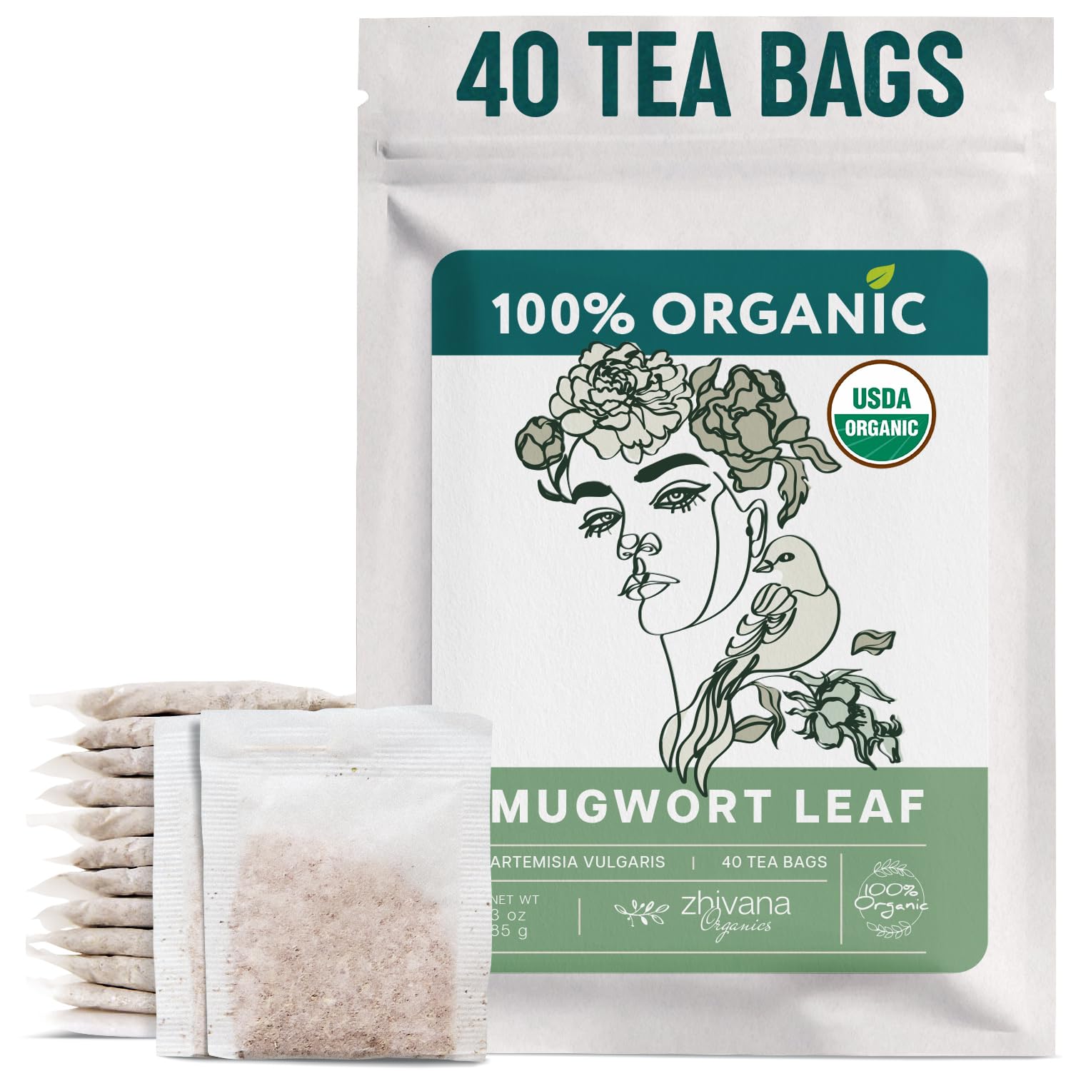 Organic Mugwort Tea Bags (40 TeaBags) – Te de Artemisa - Mugwart Tea for Digestive Health, Liver, Women Cycle, Relaxation (Artemisia Vulgaris) - Zhivana Organics