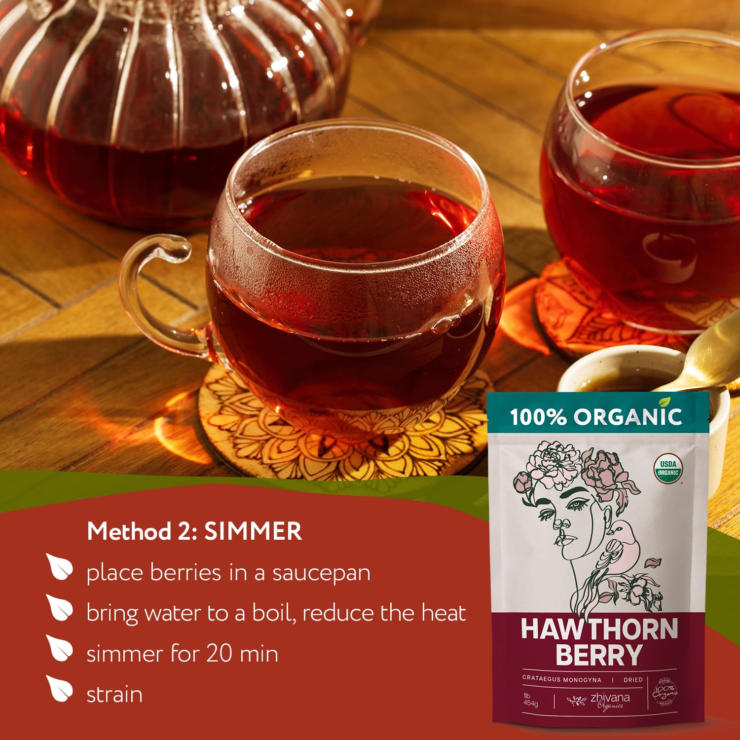 Organic Hawthorn Berry Tea (16oz.) 2 PACK - Zhivana Organics