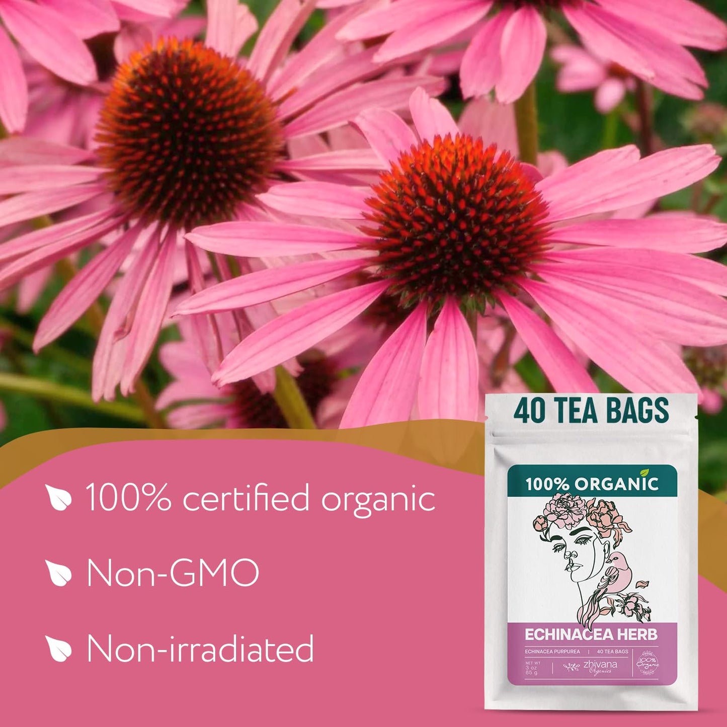 Echinacea Tea Organic (40 Tea Bags) - Medicinal Tea for Seasonal Changes -Natural Immunity Support - Te de Equinacea Organico