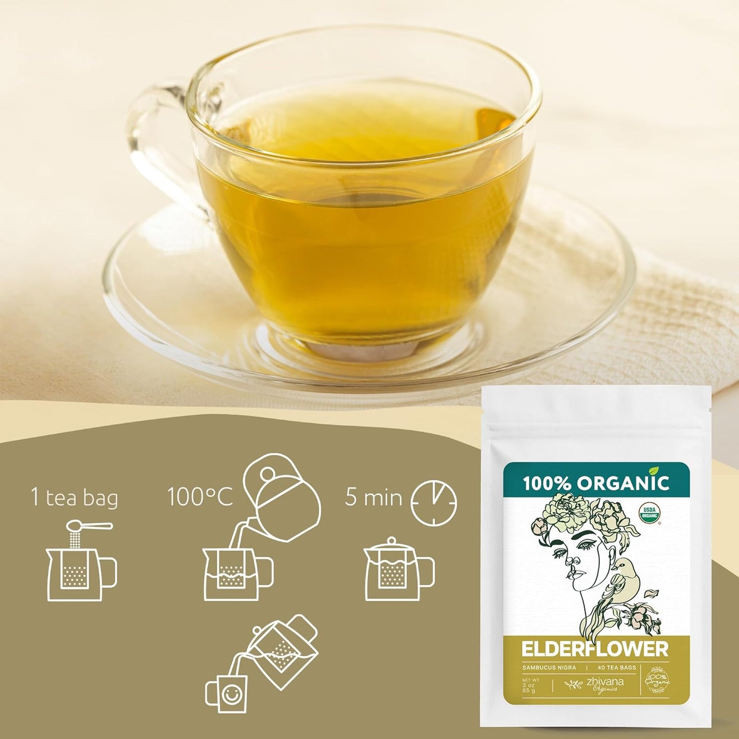 Organic Elderflower Tea (40 Tea Bags) - Elder Flowers Tea for Respiratory Health, Immunity - Herbal TeaBags for Cold Weather Days - Seasonal Blend - Te de Flor de Sauco - Zhivana Organics
