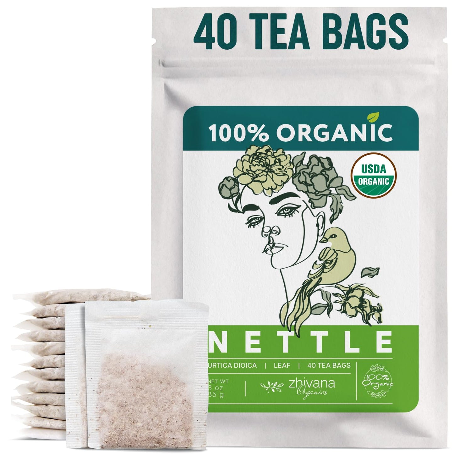 Nettle Tea Organic (40 Tea Bags) - Stinging Nettle Leaf TeaBags – Ortiga Tea for Optimal Health, Immune Support, Kidney - Te de Ortiga Organico Natural - Zhivana Organics