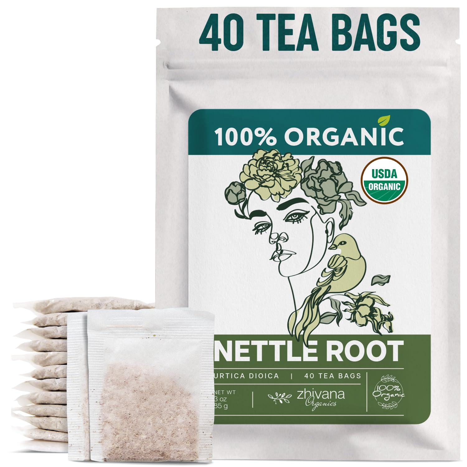 Organic Stinging Nettle Root Tea (40 Tea Bags) - Traditionally Used Herbal Tea for Men’s Health - Supports Prostate, Hormonal Balance & Energy - Té de Raíz de Ortiga - Zhivana Organics