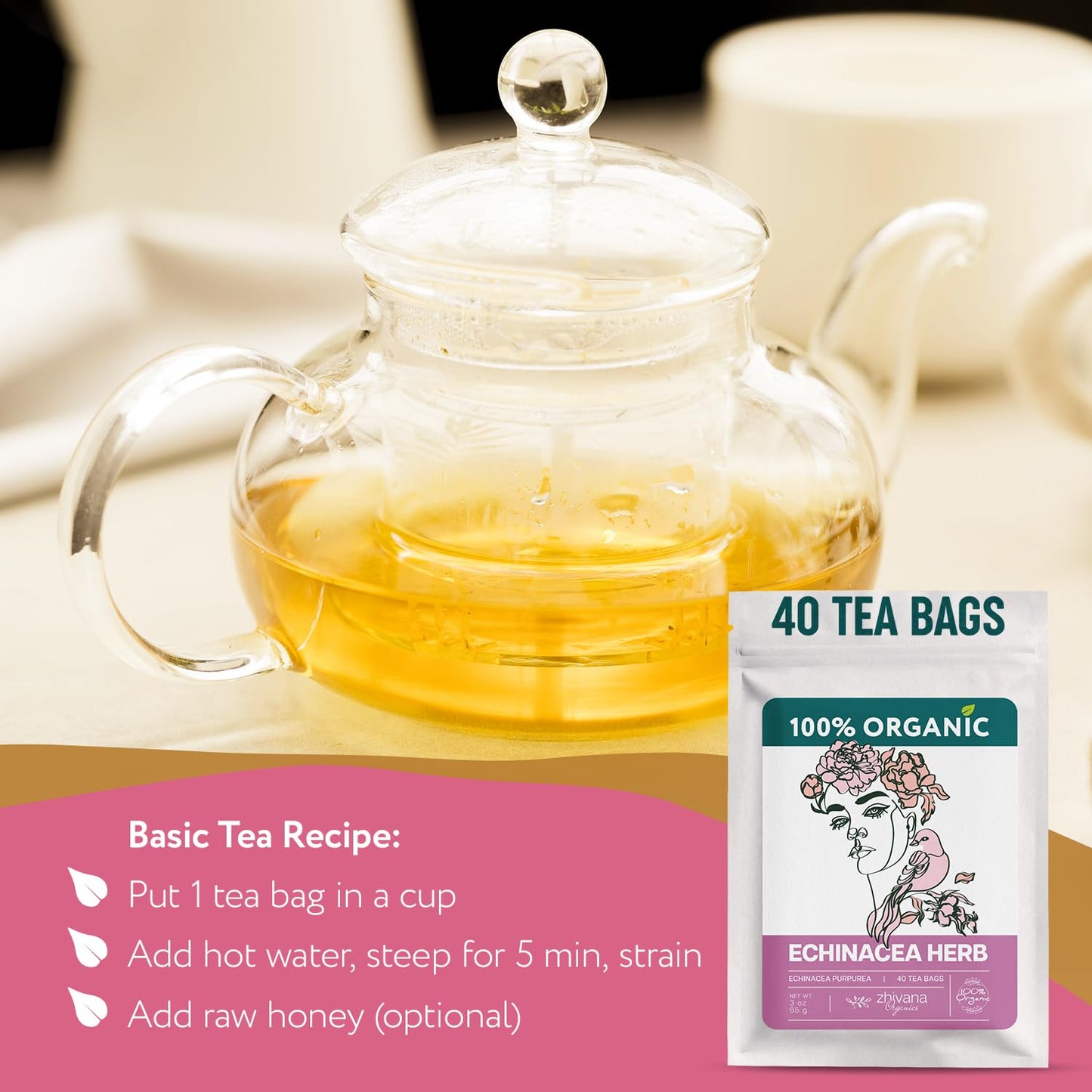 Echinacea Tea Organic (40 Tea Bags) - Medicinal Tea for Seasonal Changes -Natural Immunity Support - Te de Equinacea Organico