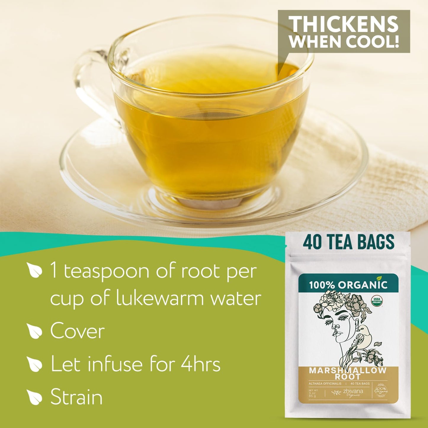 Marshmallow Root Tea Organic (40 Tea Bags) – Medicinal Teabags to Support Throat & Digestive Comfort (Althaea Officinalis) - Caffeine-Free, Non-GMO