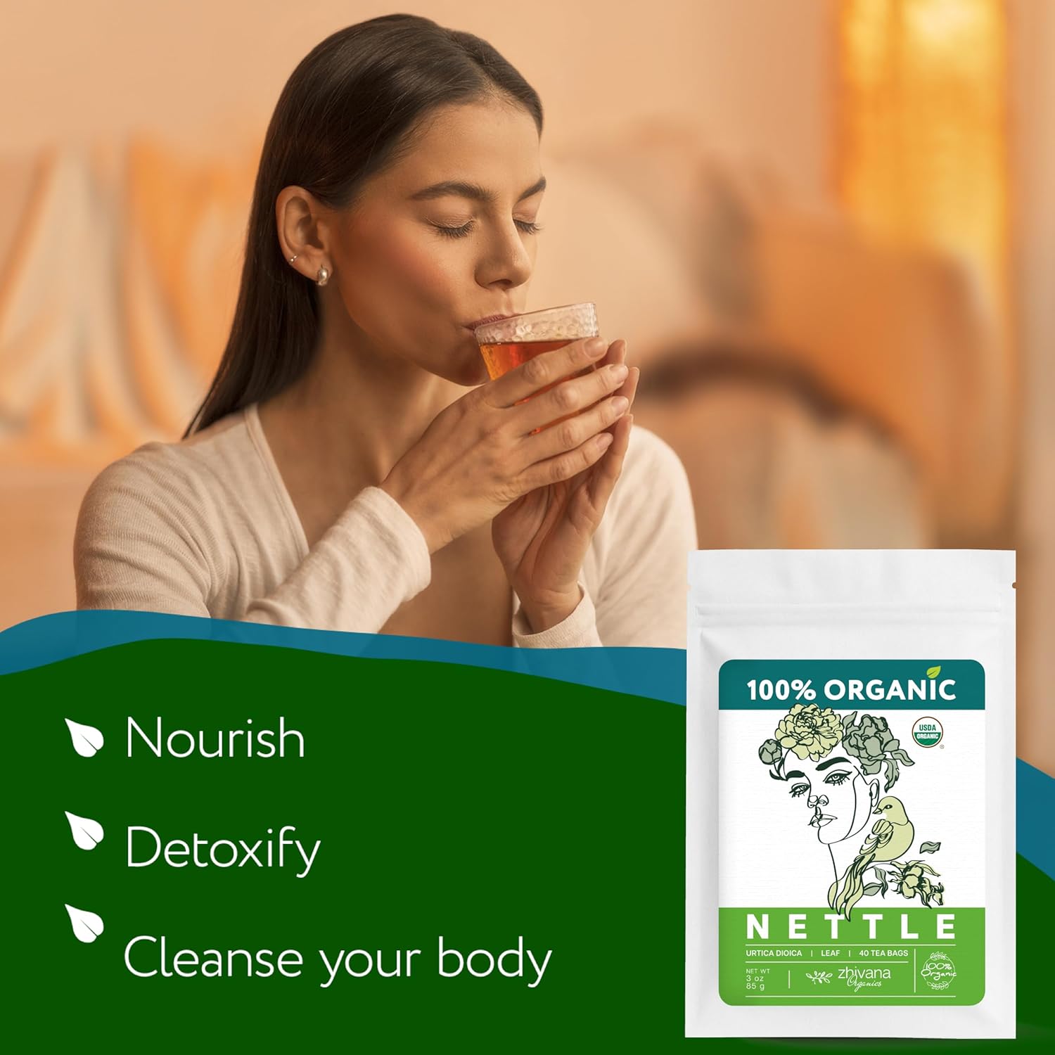 Nettle Tea Organic (40 Tea Bags) - Stinging Nettle Leaf TeaBags – Ortiga Tea for Optimal Health, Immune Support, Kidney - Te de Ortiga Organico Natural - Zhivana Organics