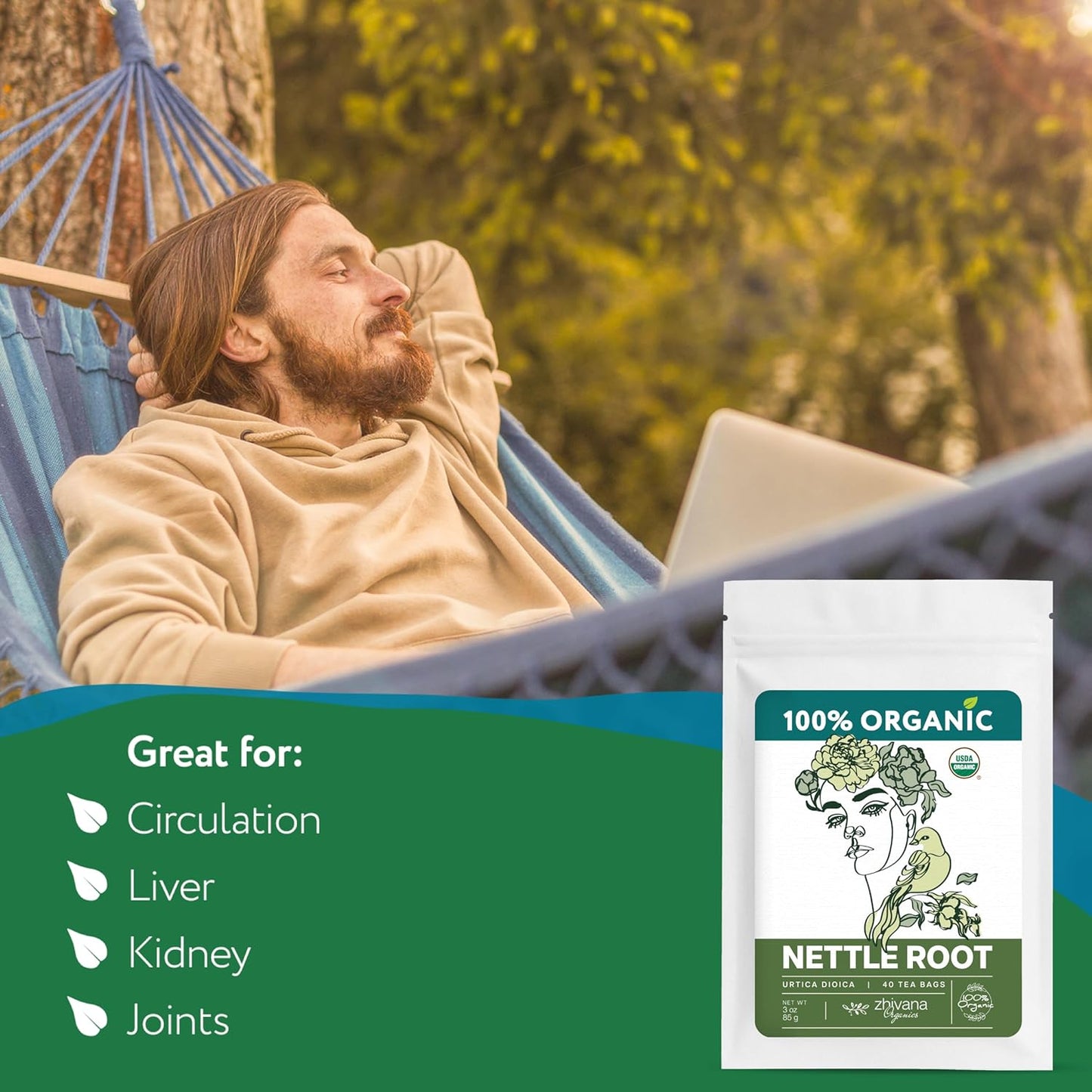 Organic Stinging Nettle Root Tea (40 Tea Bags) - Traditionally Used Herbal Tea for Men’s Health - Supports Prostate, Hormonal Balance & Energy - Té de Raíz de Ortiga - Zhivana Organics