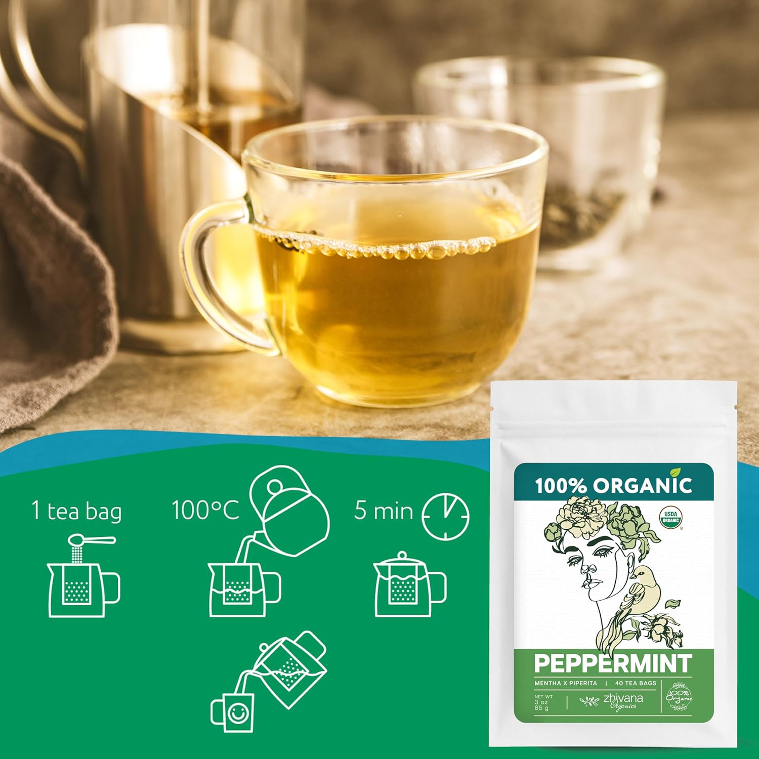 Organic Peppermint Tea Bags (40 TeaBags) - Peppermint Tea Organic - Te de Menta Organico Natural - Herbal Tea for Energy, Digestion, Nausea, Motion Sickness, Respiratory Support, Stress Relief - Zhivana Organics
