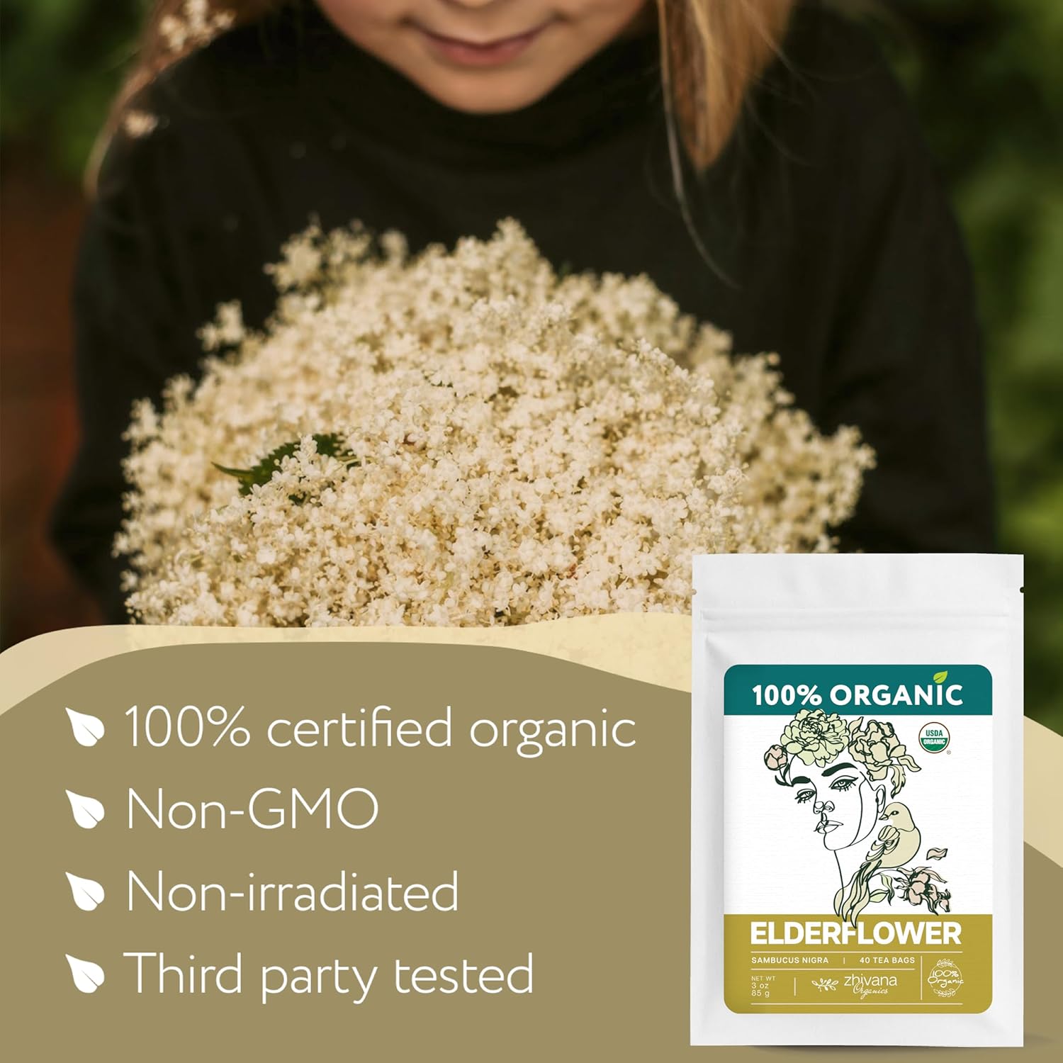 Organic Elderflower Tea (40 Tea Bags) - Elder Flowers Tea for Respiratory Health, Immunity - Herbal TeaBags for Cold Weather Days - Seasonal Blend - Te de Flor de Sauco - Zhivana Organics