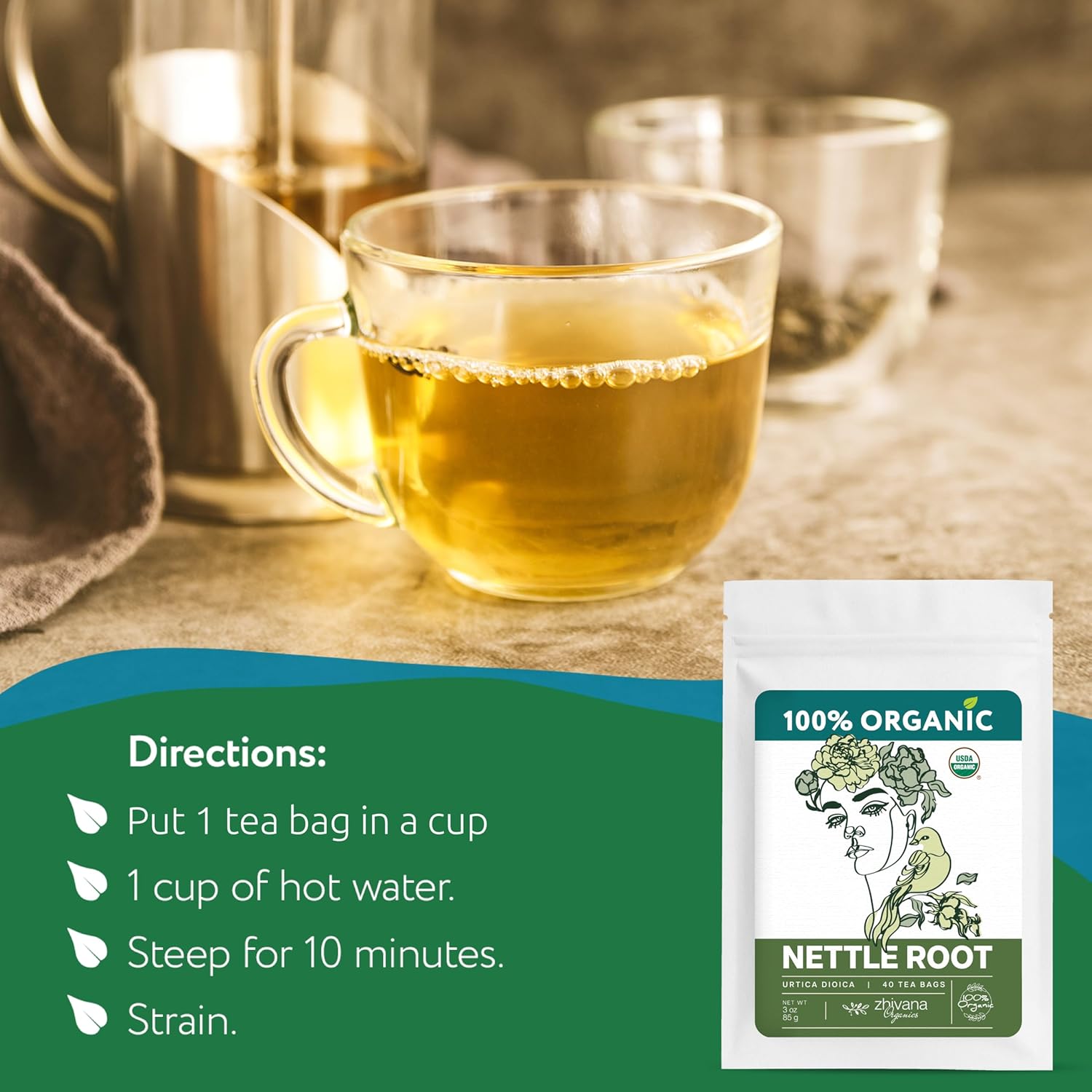 Organic Stinging Nettle Root Tea (40 Tea Bags) - Traditionally Used Herbal Tea for Men’s Health - Supports Prostate, Hormonal Balance & Energy - Té de Raíz de Ortiga - Zhivana Organics