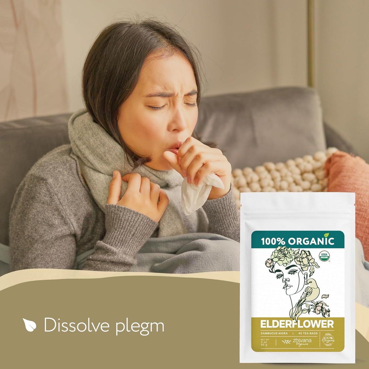 Organic Elderflower Tea (40 Tea Bags) - Elder Flowers Tea for Respiratory Health, Immunity - Herbal TeaBags for Cold Weather Days - Seasonal Blend - Te de Flor de Sauco - Zhivana Organics