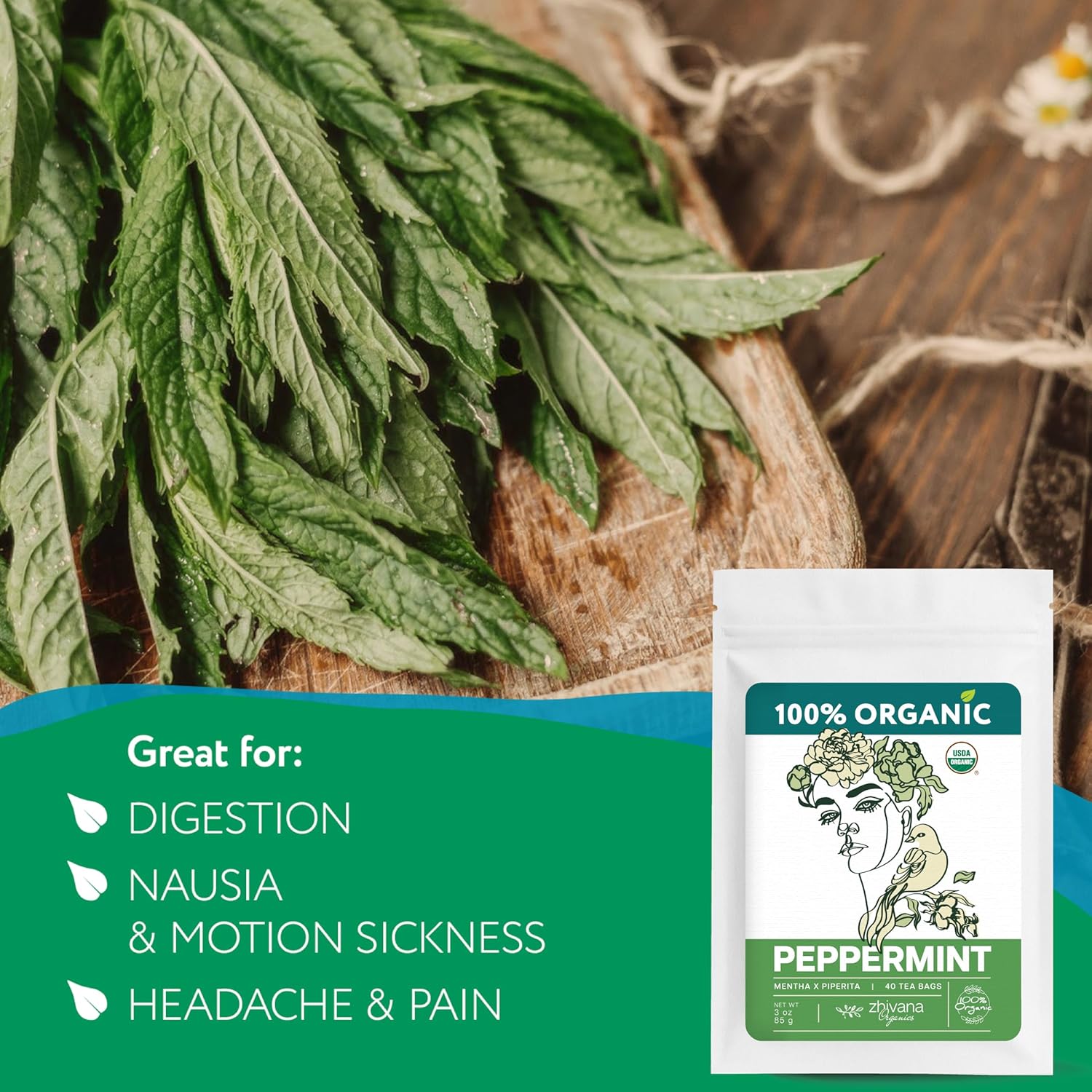 Organic Peppermint Tea Bags (40 TeaBags) - Peppermint Tea Organic - Te de Menta Organico Natural - Herbal Tea for Energy, Digestion, Nausea, Motion Sickness, Respiratory Support, Stress Relief - Zhivana Organics