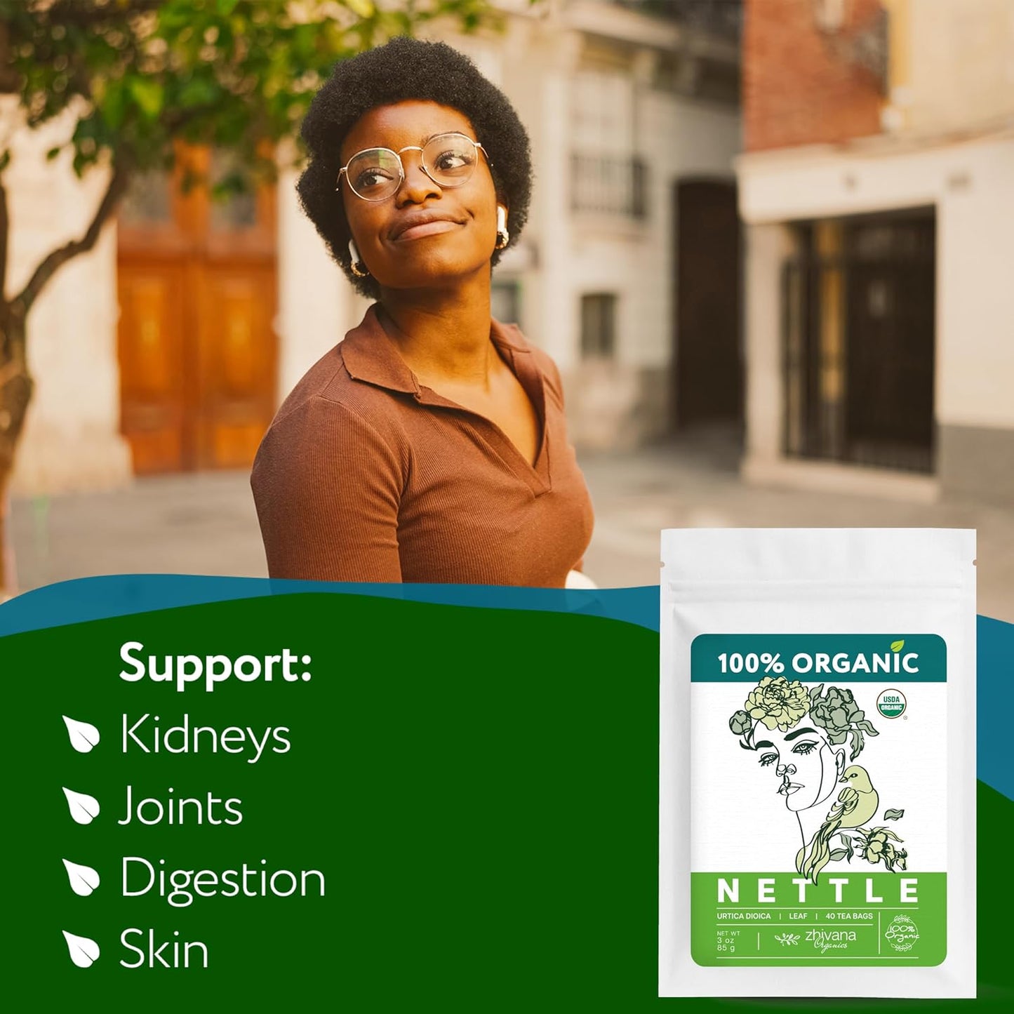 Nettle Tea Organic (40 Tea Bags) - Stinging Nettle Leaf TeaBags – Ortiga Tea for Optimal Health, Immune Support, Kidney - Te de Ortiga Organico Natural - Zhivana Organics