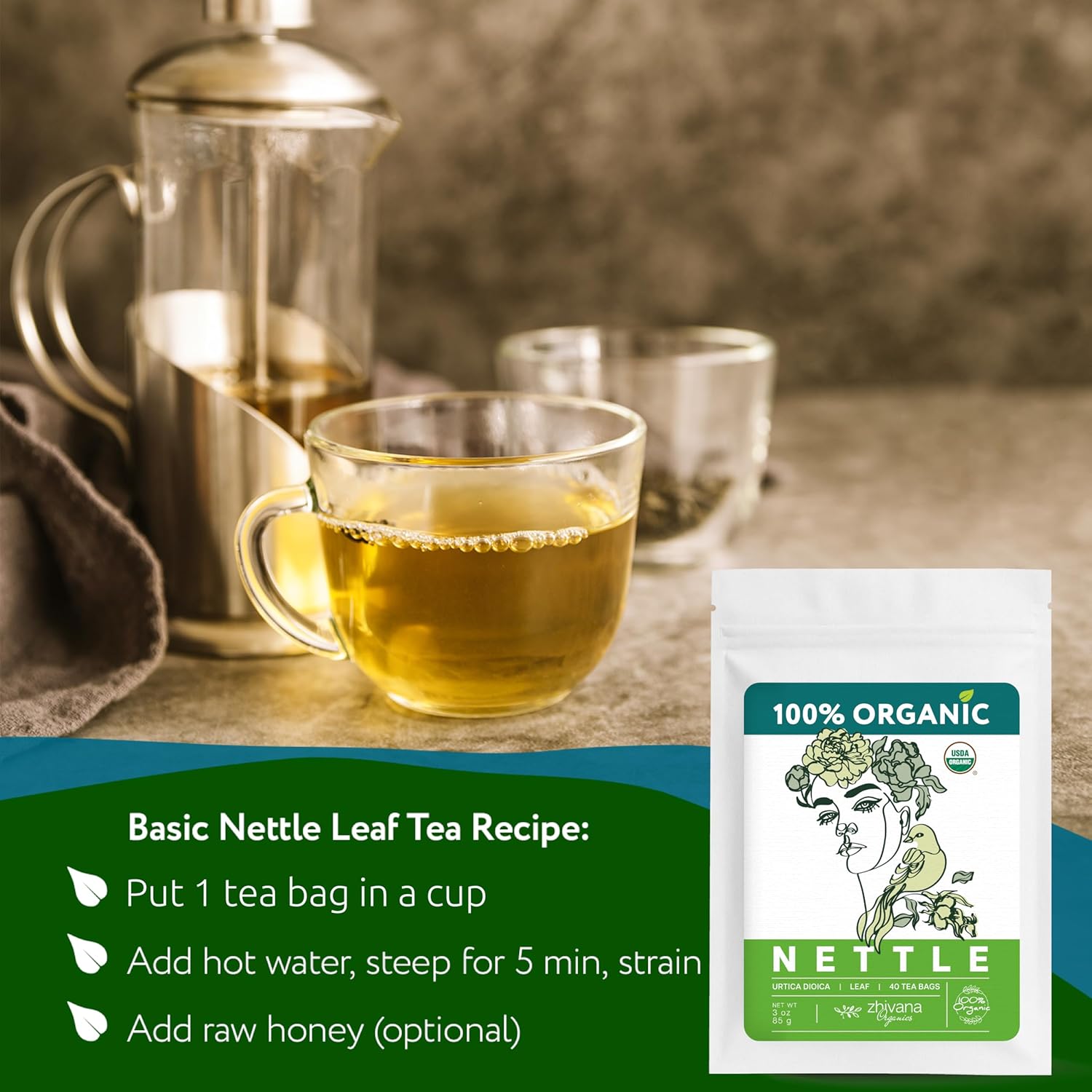 Nettle Tea Organic (40 Tea Bags) - Stinging Nettle Leaf TeaBags – Ortiga Tea for Optimal Health, Immune Support, Kidney - Te de Ortiga Organico Natural - Zhivana Organics