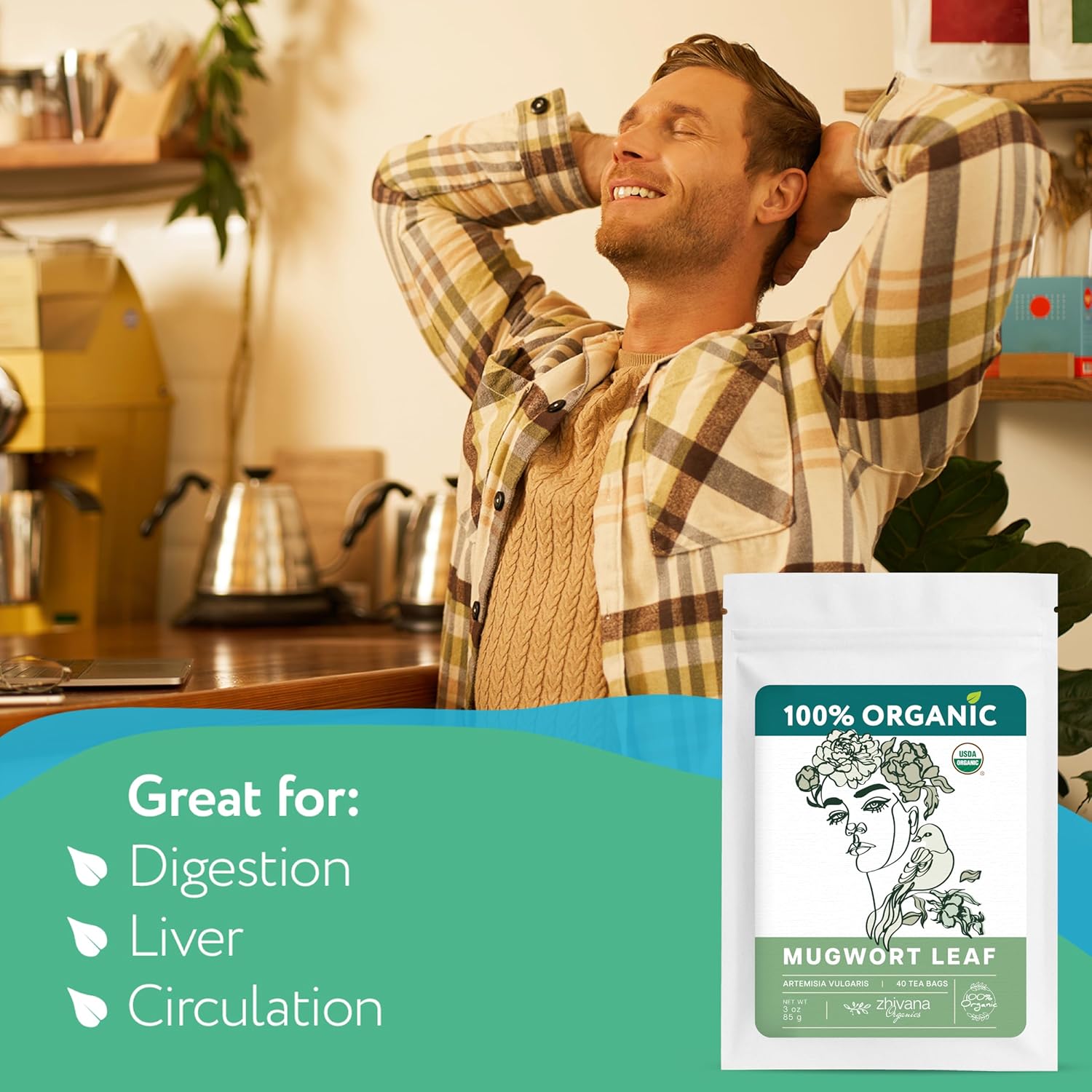 Organic Mugwort Tea Bags (40 TeaBags) – Te de Artemisa - Mugwart Tea for Digestive Health, Liver, Women Cycle, Relaxation (Artemisia Vulgaris) - Zhivana Organics