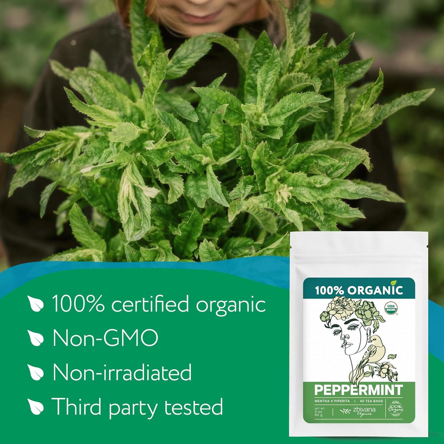 Organic Peppermint Tea Bags (40 TeaBags) - Peppermint Tea Organic - Te de Menta Organico Natural - Herbal Tea for Energy, Digestion, Nausea, Motion Sickness, Respiratory Support, Stress Relief - Zhivana Organics