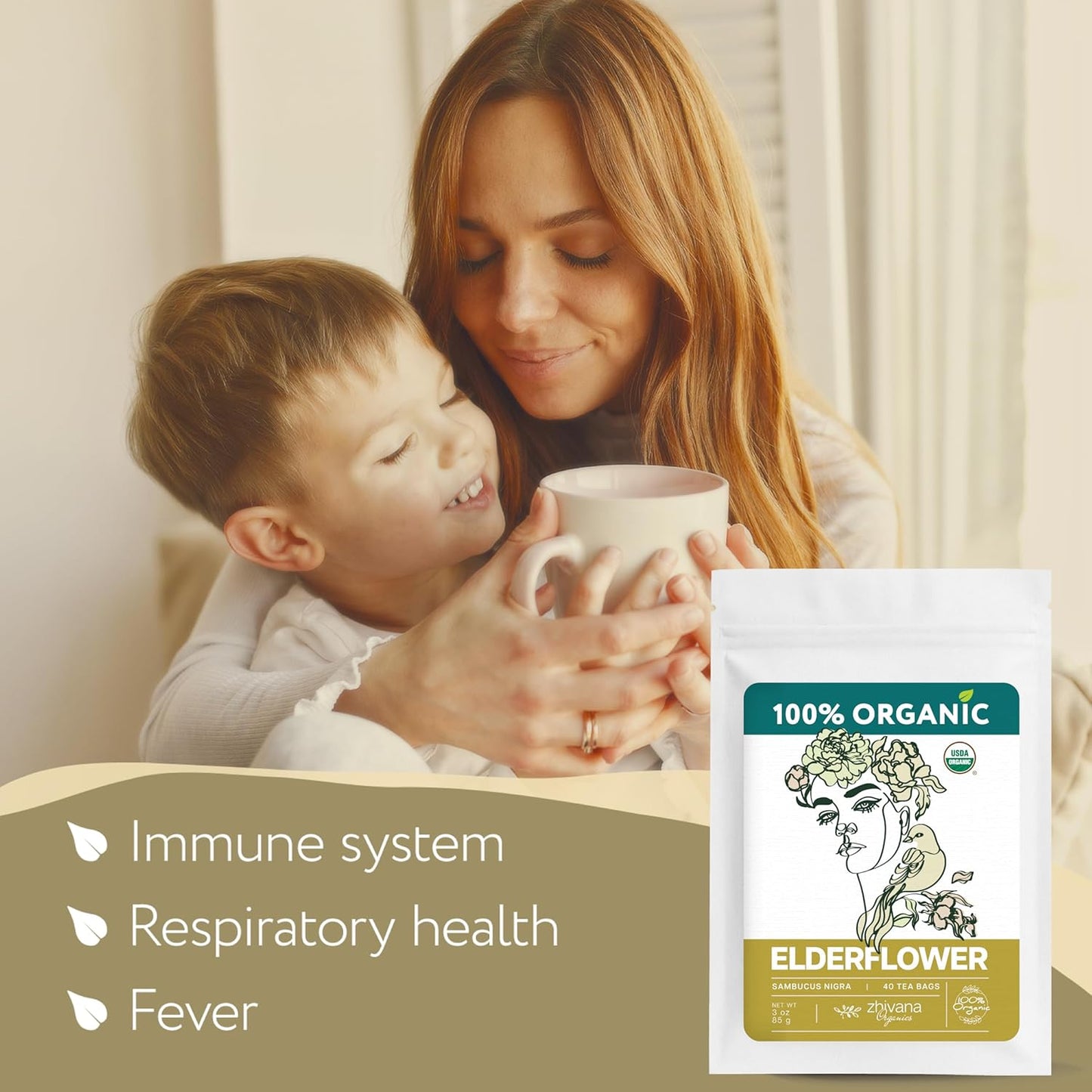 Organic Elderflower Tea (40 Tea Bags) - Elder Flowers Tea for Respiratory Health, Immunity - Herbal TeaBags for Cold Weather Days - Seasonal Blend - Te de Flor de Sauco - Zhivana Organics