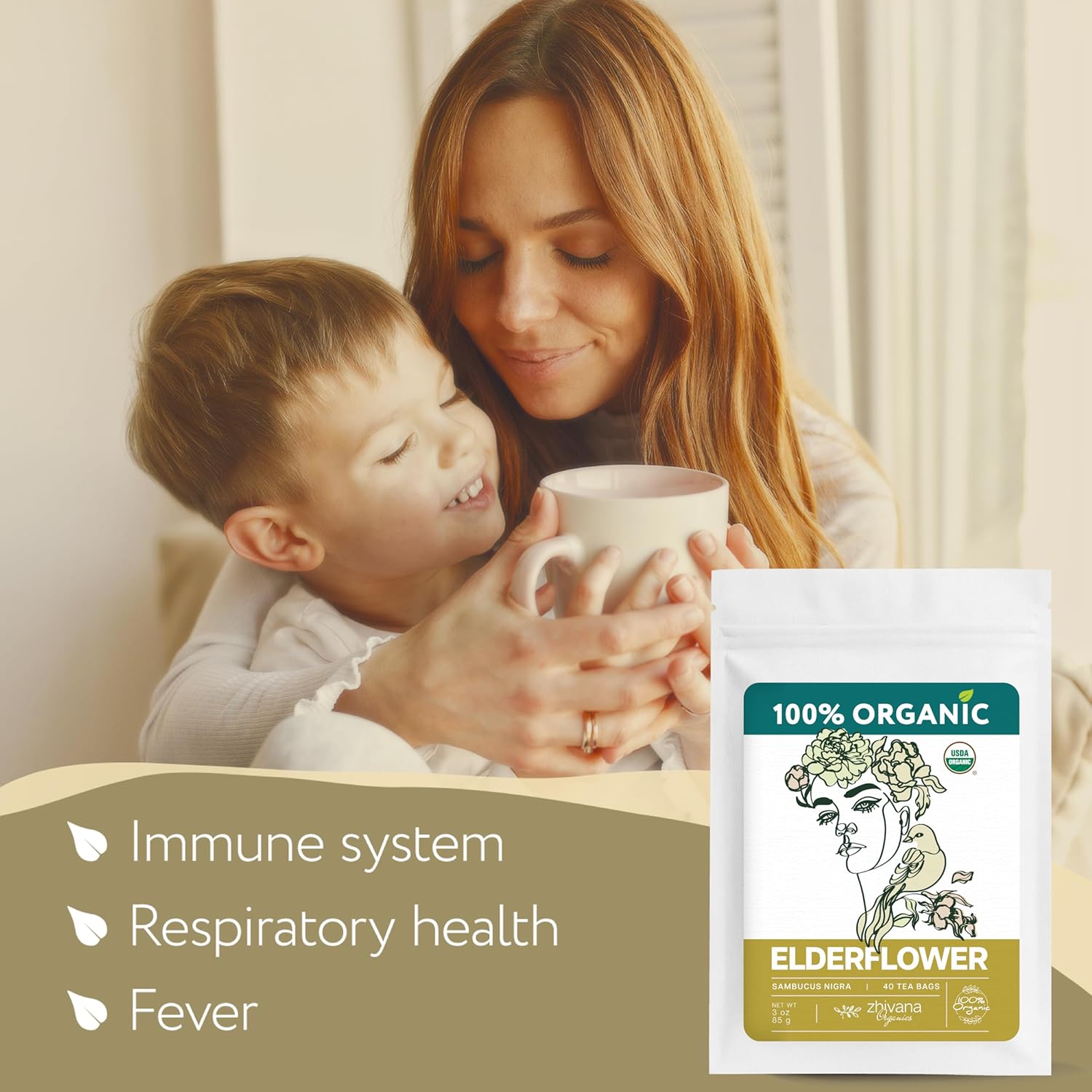 Organic Elderflower Tea (40 Tea Bags) - Elder Flowers Tea for Respiratory Health, Immunity - Herbal TeaBags for Cold Weather Days - Seasonal Blend - Te de Flor de Sauco - Zhivana Organics