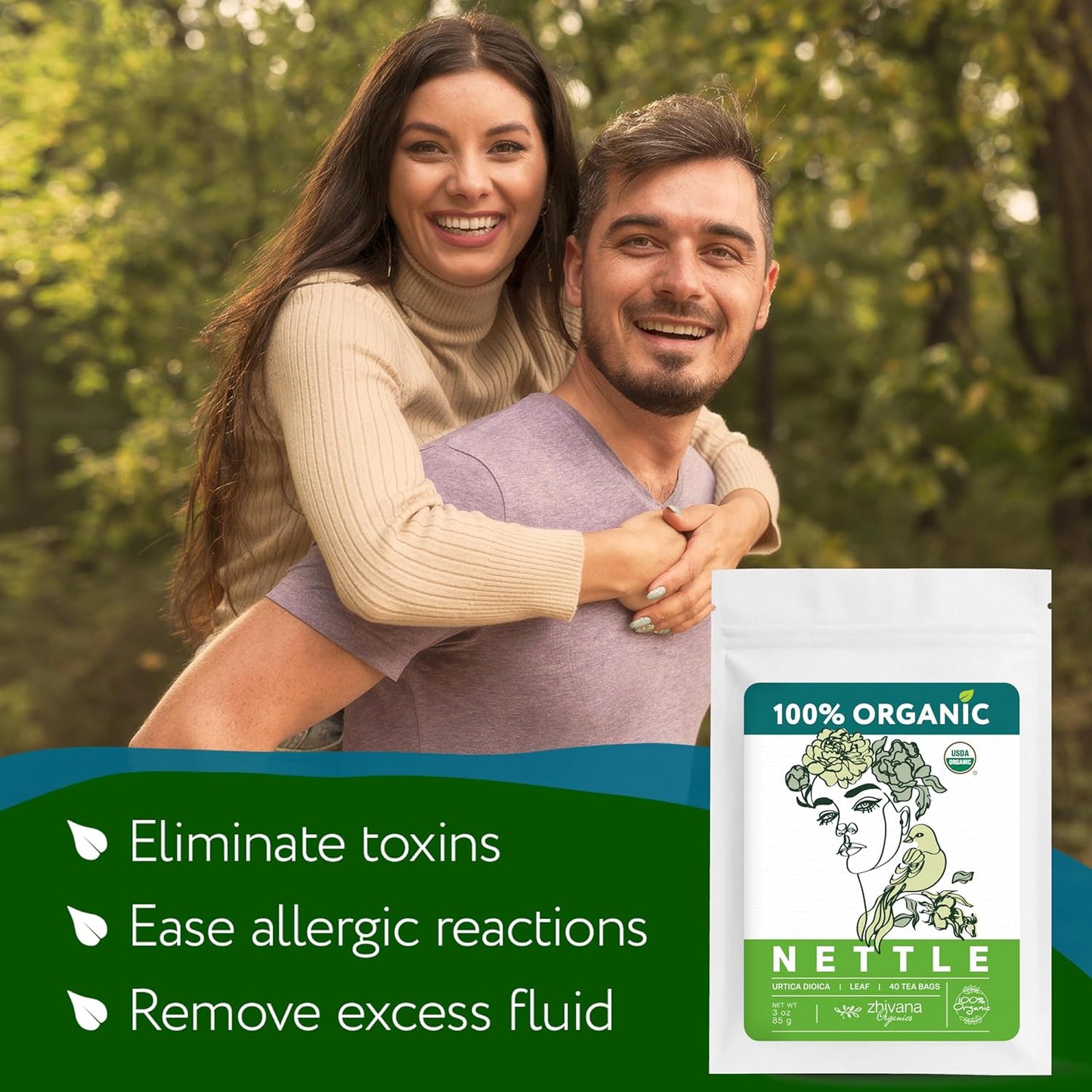 Nettle Tea Organic (40 Tea Bags) - Stinging Nettle Leaf TeaBags – Ortiga Tea for Optimal Health, Immune Support, Kidney - Te de Ortiga Organico Natural - Zhivana Organics