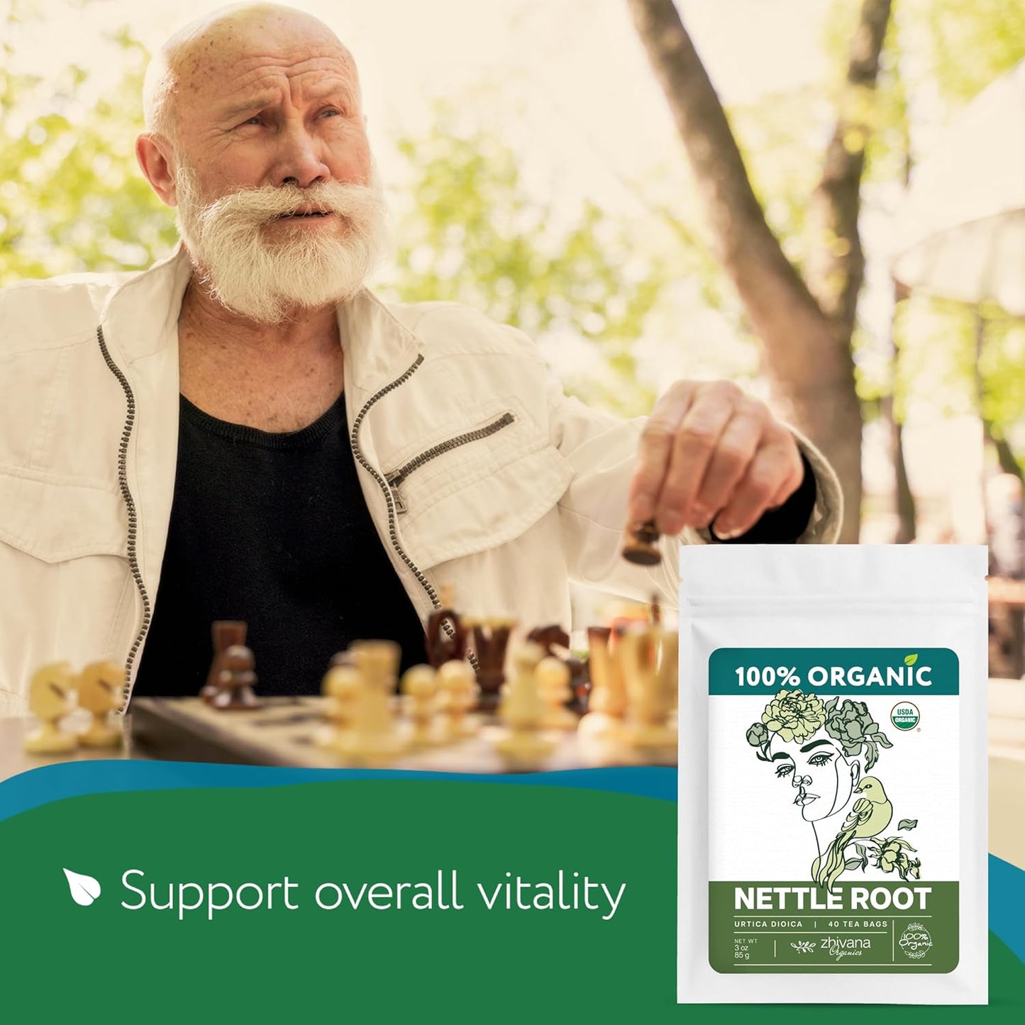 Organic Stinging Nettle Root Tea (40 Tea Bags) - Traditionally Used Herbal Tea for Men’s Health - Supports Prostate, Hormonal Balance & Energy - Té de Raíz de Ortiga - Zhivana Organics