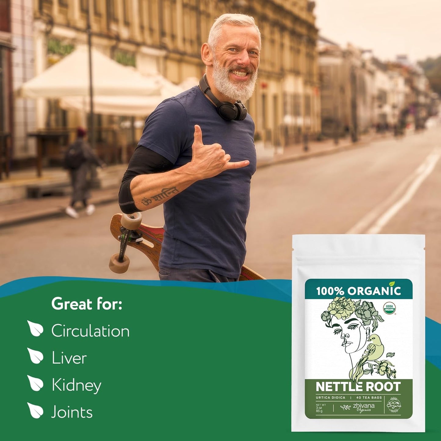 Organic Stinging Nettle Root Tea (40 Tea Bags) - Traditionally Used Herbal Tea for Men’s Health - Supports Prostate, Hormonal Balance & Energy - Té de Raíz de Ortiga - Zhivana Organics