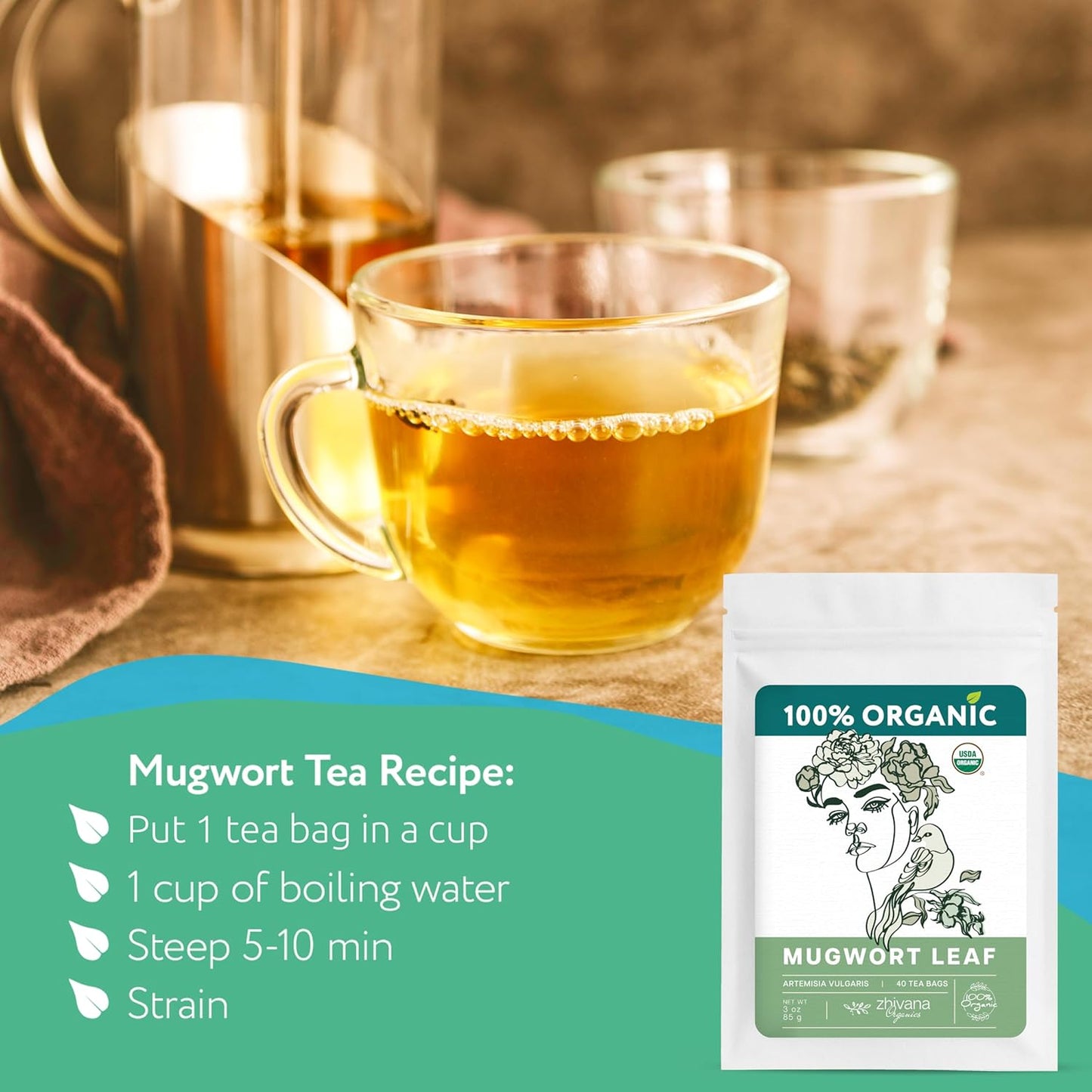 Organic Mugwort Tea Bags (40 TeaBags) – Te de Artemisa - Mugwart Tea for Digestive Health, Liver, Women Cycle, Relaxation (Artemisia Vulgaris) - Zhivana Organics