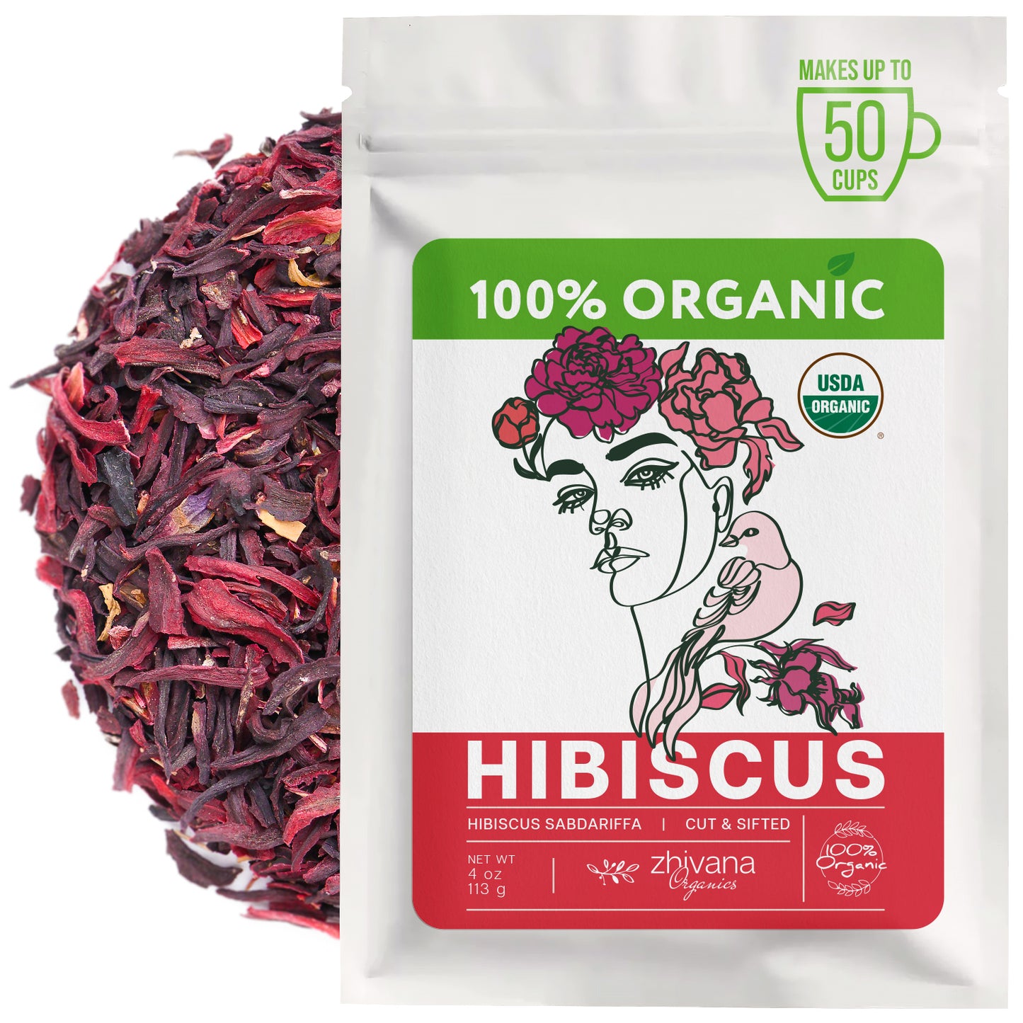 Hibiscus Tea Organic Loose Leaf (4 oz) - Flor de Jamaica Orgánica Natural - Roselle Tea - Té de Hibisco – Agua de Jamaica – Supports Heart Health, Blood Pressure Balance, Liver & Digestion - Zhivana Organics