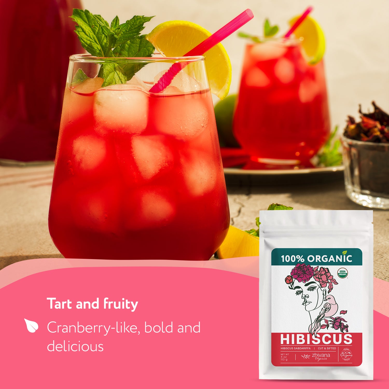 Hibiscus Tea Organic Loose Leaf (4 oz) - Flor de Jamaica Orgánica Natural - Roselle Tea - Té de Hibisco – Agua de Jamaica – Supports Heart Health, Blood Pressure Balance, Liver & Digestion - Zhivana Organics