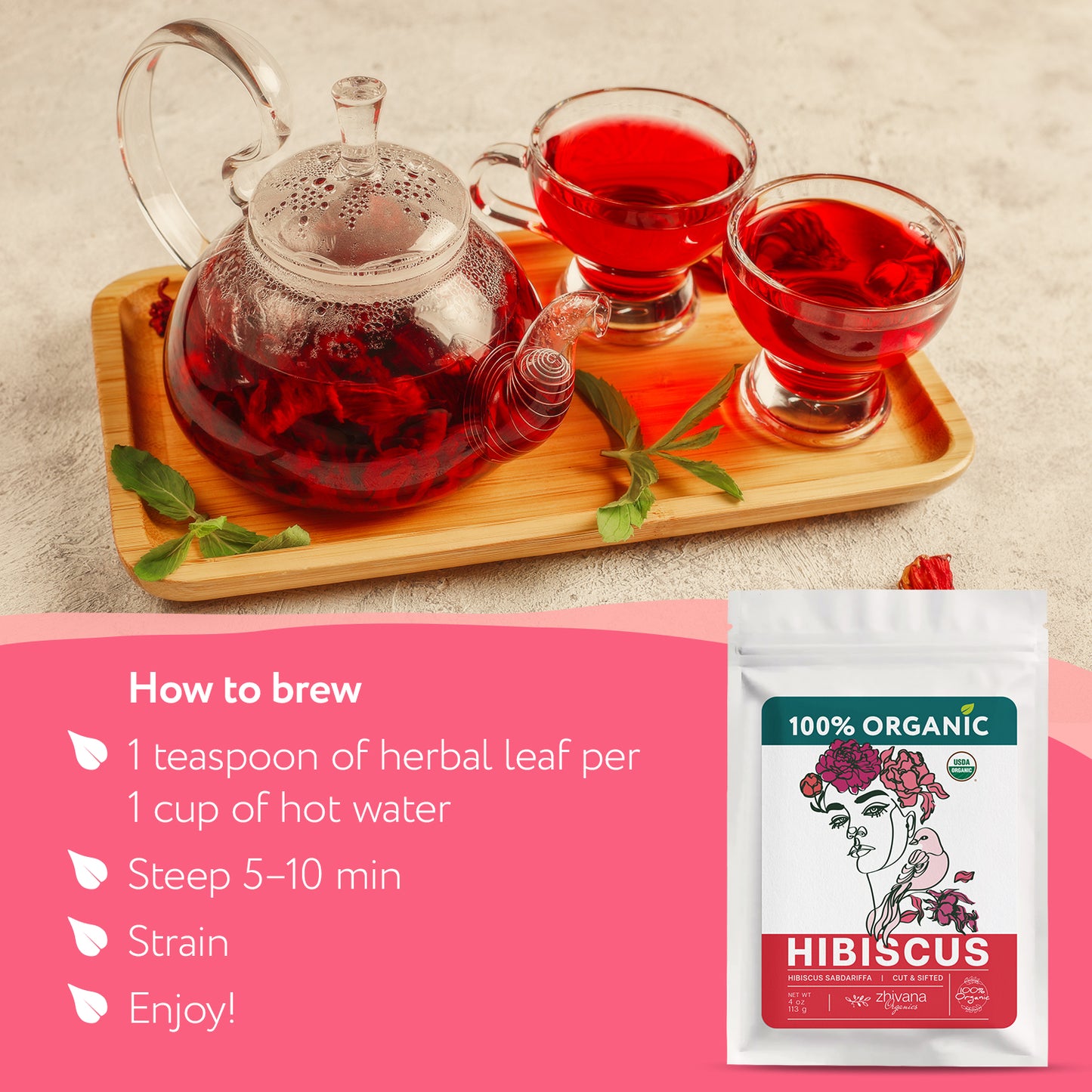 Hibiscus Tea Organic Loose Leaf (4 oz) - Flor de Jamaica Orgánica Natural - Roselle Tea - Té de Hibisco – Agua de Jamaica – Supports Heart Health, Blood Pressure Balance, Liver & Digestion - Zhivana Organics