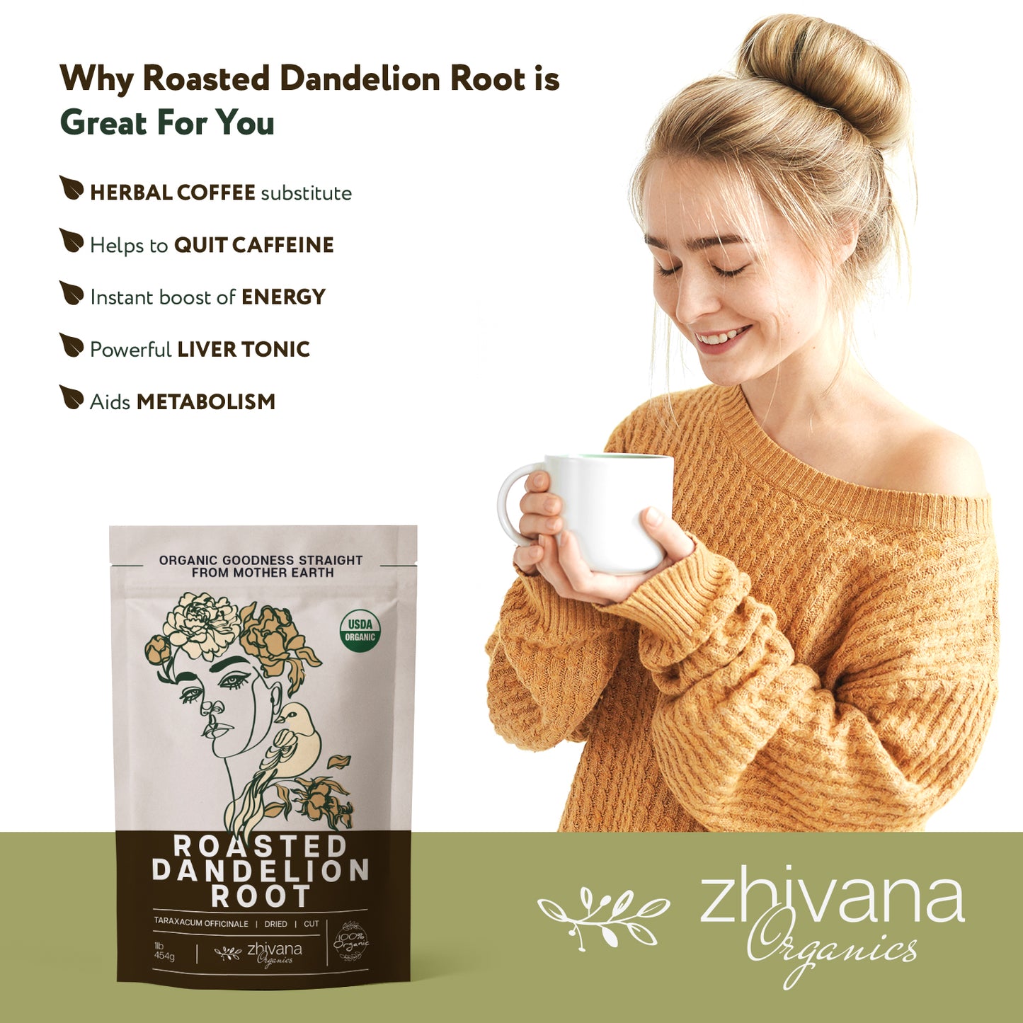 Roasted Dandelion Root Dried Cut & Sifted - Zhivana Organics